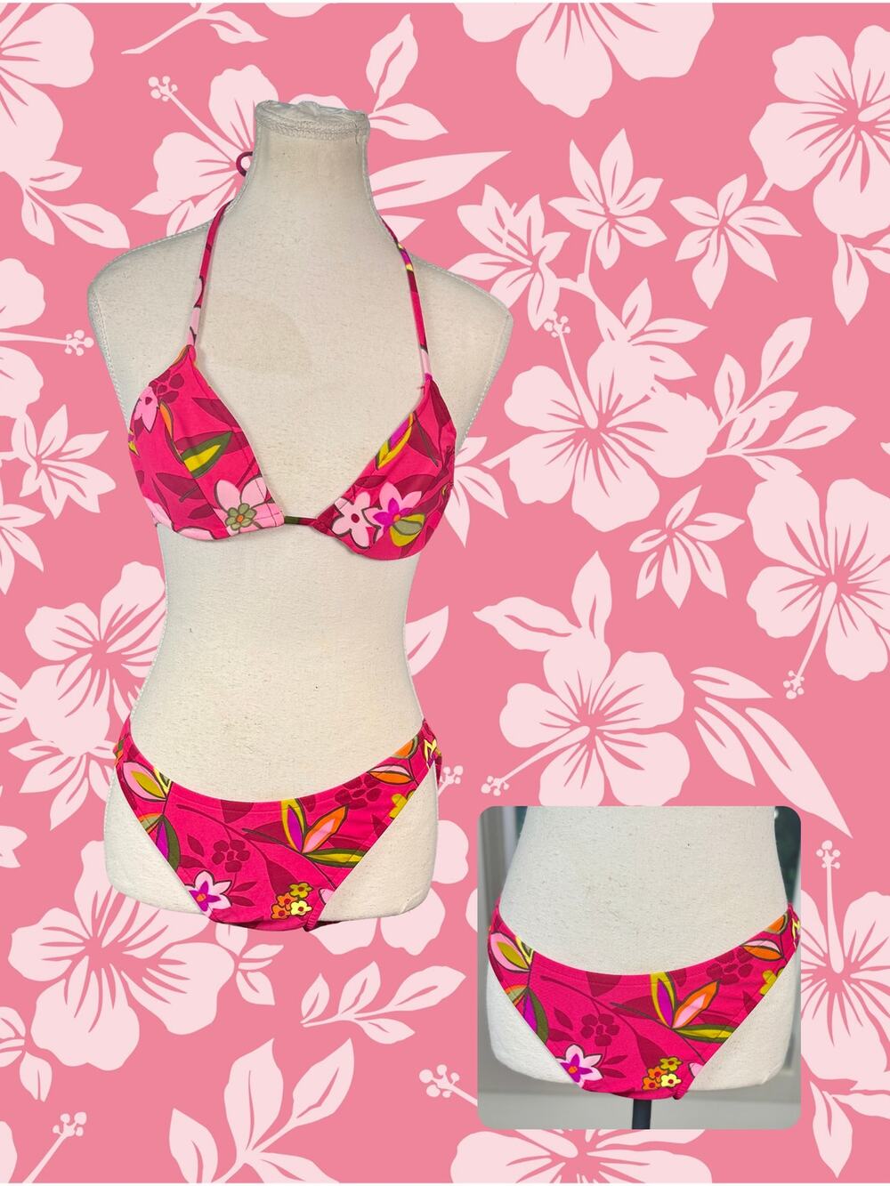 Vintage 2001 Victoria's Secret Pink Floral Print Halter Triangle Top Bikini 34A